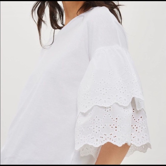 TOPSHOP White Eyelet Double Layer Sleeve Tee Shirt - Picture 8 of 15